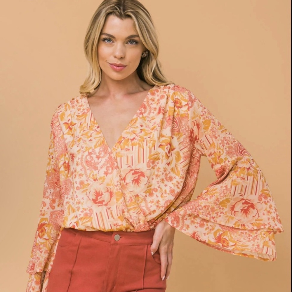 Flying Tomato Boho Floral Wrap Bodysuit- like new!